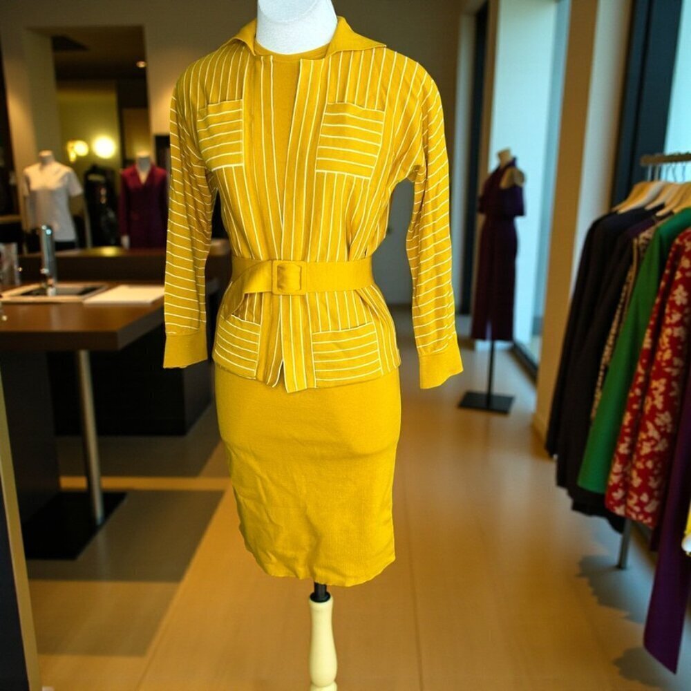 Vintage 50s Amalfi Gold Striped Wool Knit 3 Piece Pencil Suit Made in Italy
